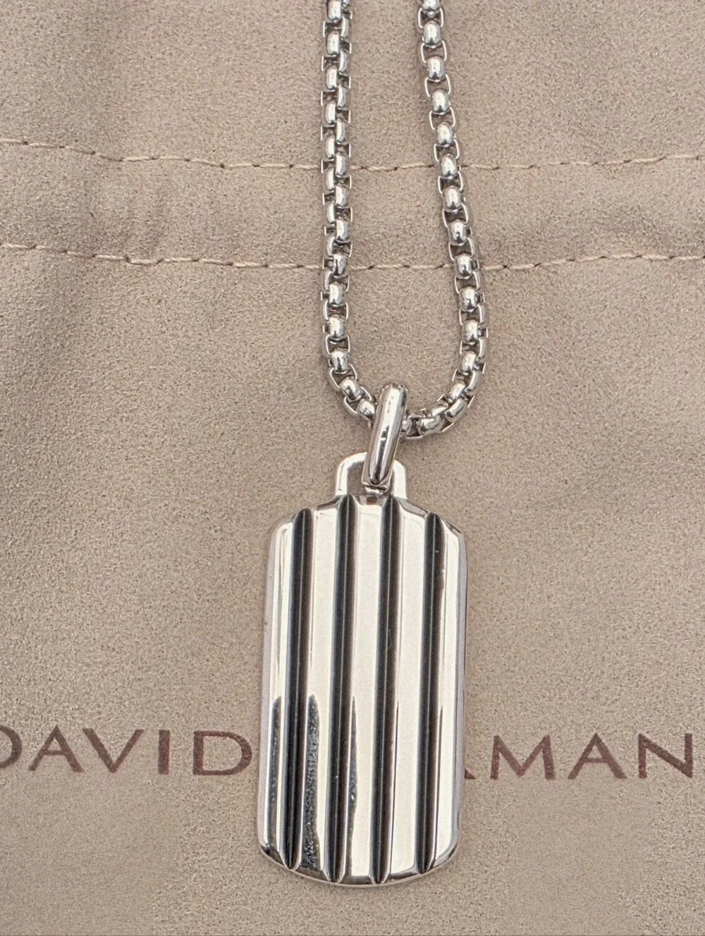 David Yurman Silver Ribbed Dog Tag Pendant Necklace with Gold Accent
